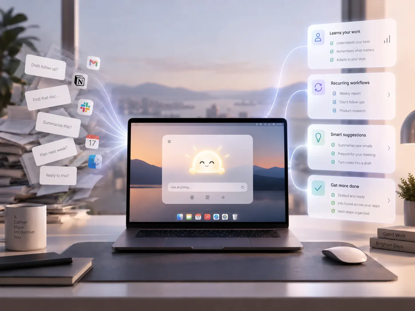 A laptop with Alway organizing familiar tools, recurring workflows, and useful suggestions.